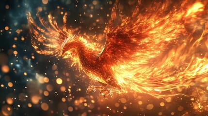 Fiery phoenix soars through a cosmic night.