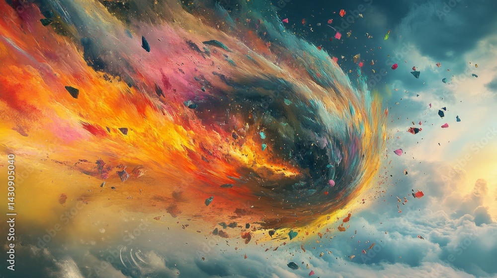 Poster high-concept brain visual with exploding colors and a tornado of imaginative elements spinning outwa