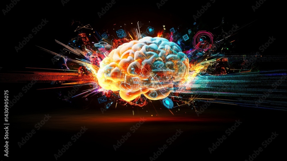 Poster hyperrealistic concept of a brain bursting with digital code, blueprints, and luminous creativity sy