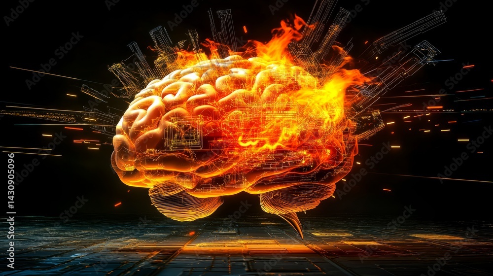Aufkleber hyperrealistic concept of a brain bursting with digital code, blueprints, and luminous creativity sy