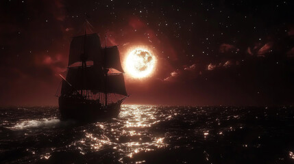 A ship sailing on the sea under two suns, mosaic style painting, dark red and black background, white moonlight shining from behind, black sky with stars.