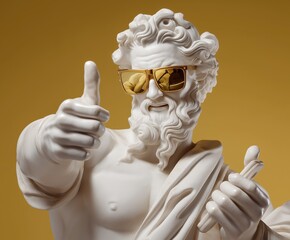 Classic white marble statue of Zeus, powerful pose full body, laughing, wearing cool mirrored sunglasses, holding phone and making thumb uo