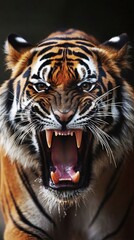 Obraz premium An extreme close-up of a Bengal tiger mid-snarl, its mouth wide open and displaying razor-sharp fangs