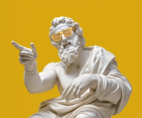 Classic white marble statue of Zeus, wearing cool mirrored sunglasses, pointing up