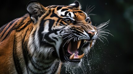Obraz premium An extreme close-up of a Bengal tiger mid-snarl, its mouth wide open and displaying razor-sharp fangs