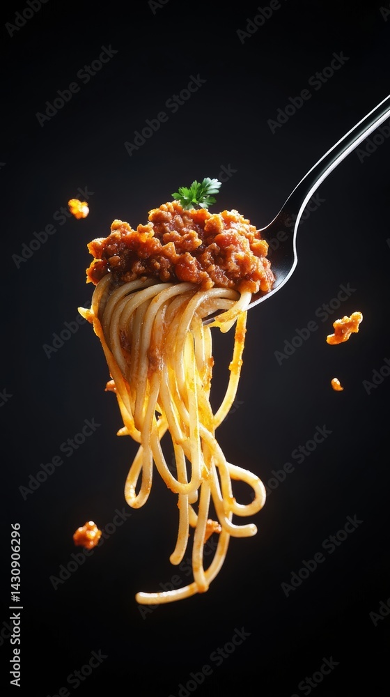 Poster forkful of spaghetti with meat sauce. the sauce is dripping down the fork and the noodles are visibl