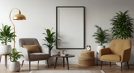 Modern Living Room Interior Design Elegant Armchairs, Plants, and a Statement Frame