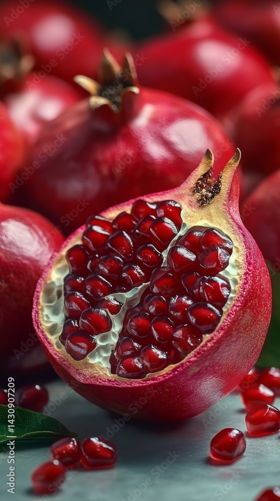 Aufkleber close up of a red pomegranate with a slice missing. the pomegranate is surrounded by other pomegrana
