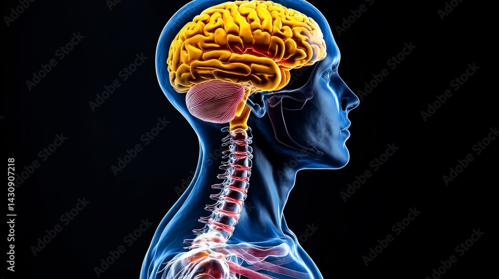 Poster man's brain is shown in a clear plastic container. the brain is yellow and red in color