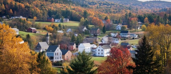 Scenic Vermont village in autumn colors, displaying rural charm and peaceful neighborhood atmosphere