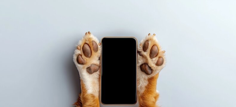 Dog is holding a phone in its paws. The phone is black and the dog's paws are brown