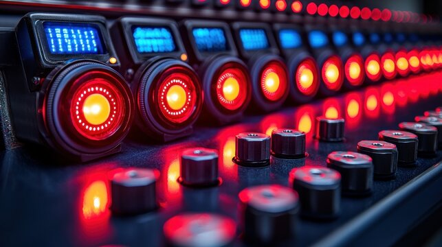 Futuristic Control Panel with Glowing Red and Blue Lights