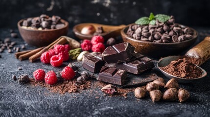 Cacao ingredients with raspberries and spices