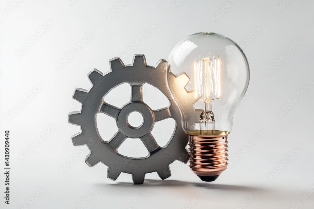 Poster illuminating idea: a gear and lightbulb symbolize innovation and creative problem-solving.