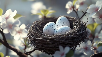 Obraz premium Three speckled bird eggs nestled in a twig nest amongst blossoming branches.