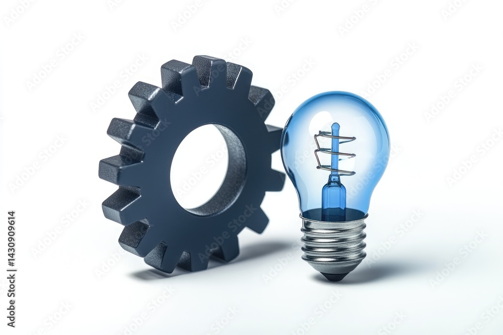Poster a gear and a lightbulb symbolize innovative ideas and efficient solutions for complex problems.