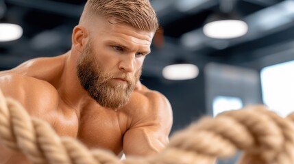 Obraz premium Muscular Man with Beard Works Out with Rope