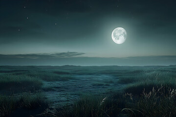 Fototapeta premium A serene, moonlit, grassy plain under a starlit night sky.