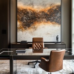 Luxurious executive office with modern design elements.  Spacious room with dark tones, leather furniture, and a large abstract art piece