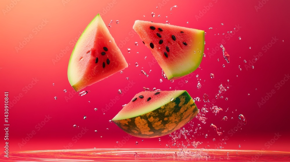 Poster watermelon is sliced into three pieces and is floating in the air. the watermelon is surrounded by w