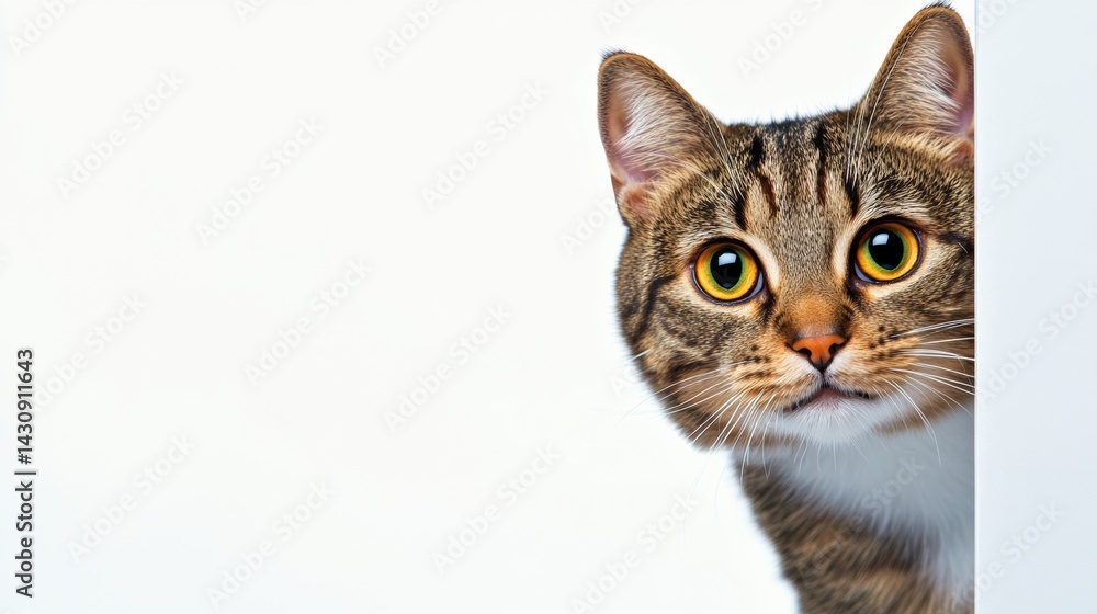 Poster cat is looking at the camera with its eyes wide open. the cat is looking at the camera with a curiou
