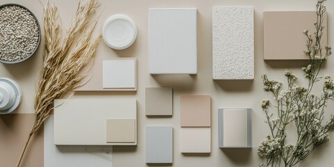 A simple brand identity board showcasing muted color palettes and minimalistic product labels