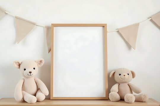 Mockup of Wooden Frame with Teddy Bears and Beige Bunting Banner on Wooden Table Against White Wall - Powered by Adobe