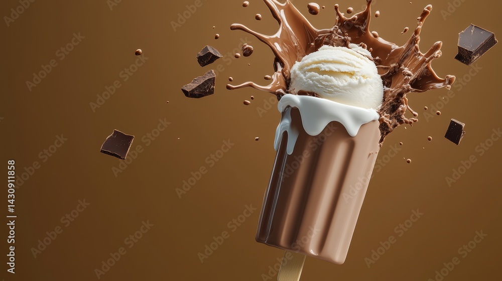 Poster chocolate and vanilla ice cream cone with a chocolate drizzle on top. the ice cream is melting and s