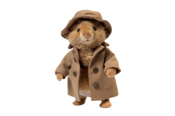 Stuffed animal rabbit wearing a tan coat and hat standing on a transparent background looking forward png