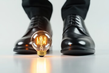 A glowing light bulb sits between two polished black shoes, symbolizing a new idea or innovation.