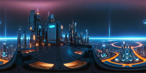 Futuristic cyberpunk night city view. Full 360 degrees seamless spherical panorama HDRI equirectangular projection. Texture environment map for lighting and reflection source rendering 3d scenes.