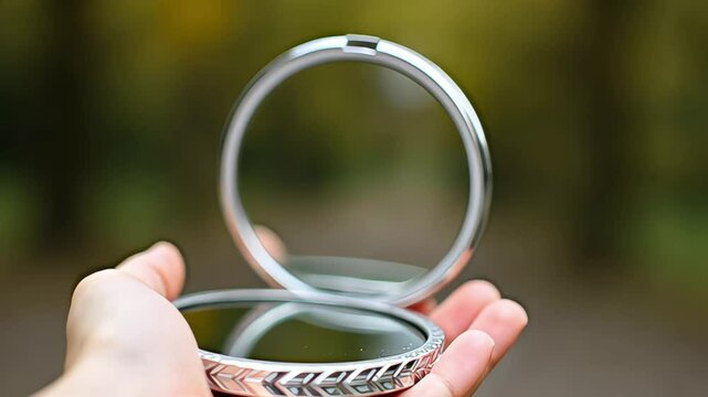 Compact Mirror in Hand Outdoors: Beauty and self-reflection in nature