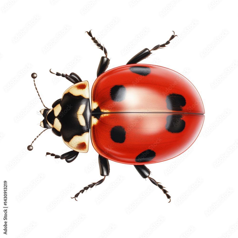 Poster a ladybug with red shell and black spots crawling isolated on a black plain background view from abo
