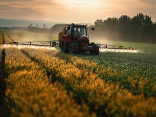 Fototapeta premium Modern Farming Tractor Spraying Pesticides on Grain Field