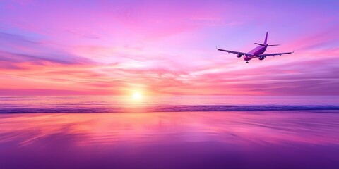 Obraz premium Airplane Flying Over Pink Sunset Ocean Beach