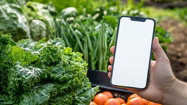 Person holding smartphone with blank screen in front of fresh vegetables in a garden