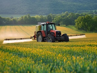 Fototapeta premium Modern Farming Tractor Spraying Pesticides on Grain Field