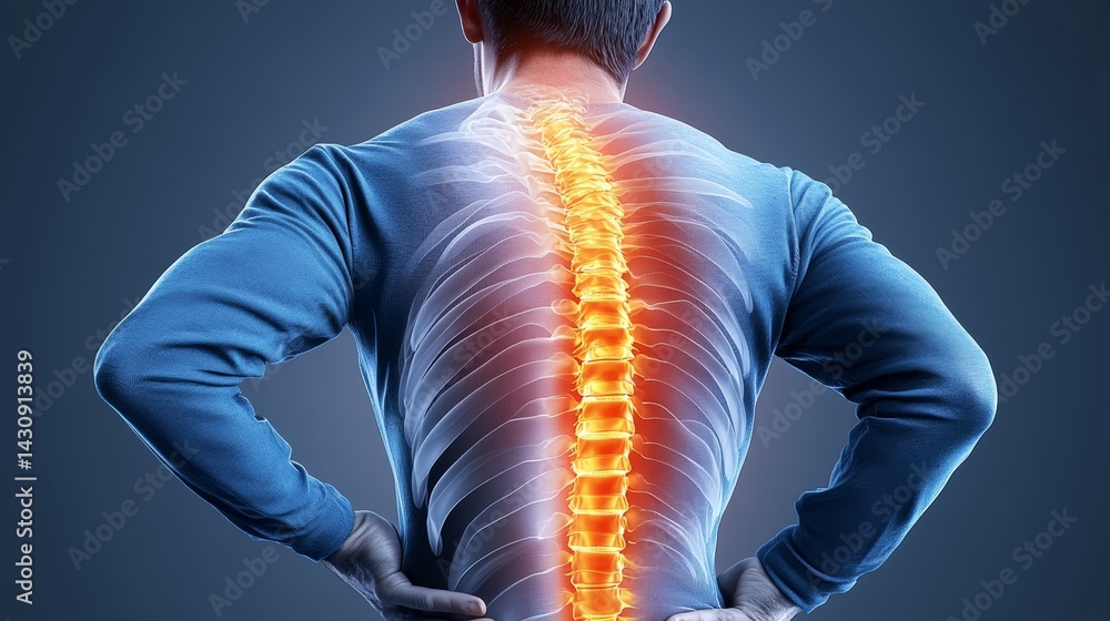 Poster man with a backache is shown with his back turned to the camera. the image is in black and white and