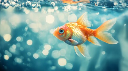 Fototapeta premium Goldfish swimming in dreamy blue tank