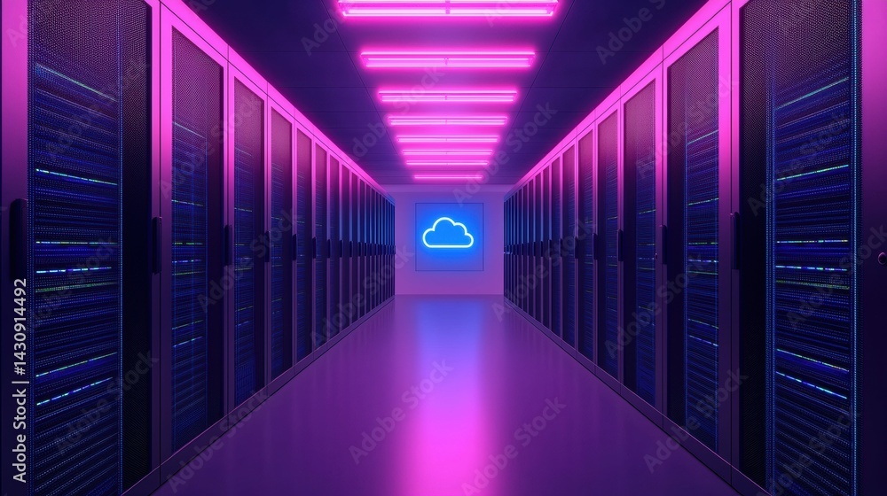 Poster futuristic data center with neon lights and cloud icon illuminating server racks in a high-tech envi