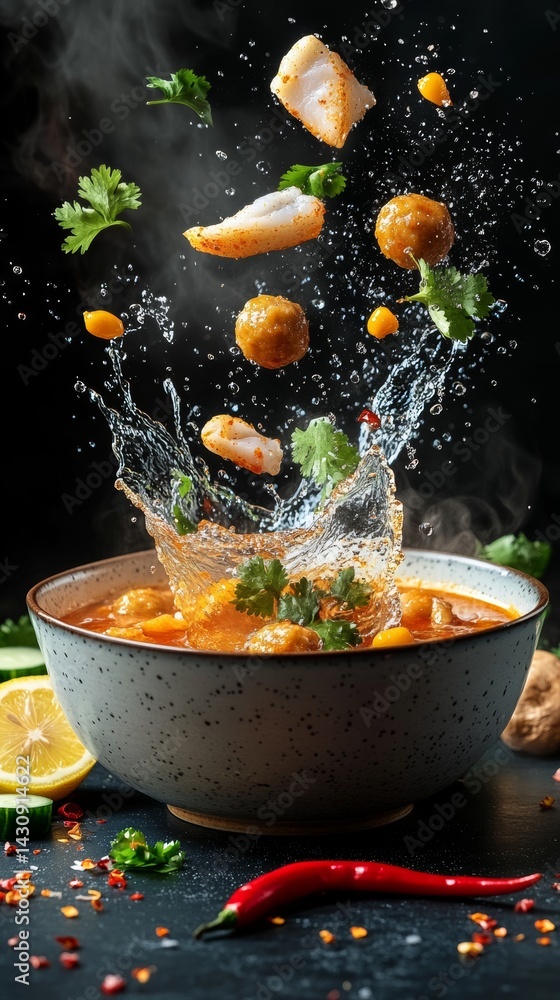 Poster bowl of soup with a splash of water and a few pieces of food floating in it. the bowl is on a table 