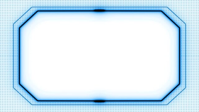 Rectangular closed parallelogram, neon glowing blue frame, horizontal frame on white background. Blinking lines with dots. Blank space for your own content in the middle.