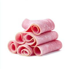 Rolled ham slices stacked isolated on white background
