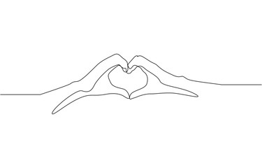 Obraz premium Single one line drawing hands making sign or symbol heart by fingers, Love concept with hand gestures. Modern continuous line draw design graphic vector illustration.