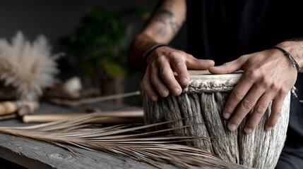 Naklejka premium Close-up of hands playing a handcrafted drum