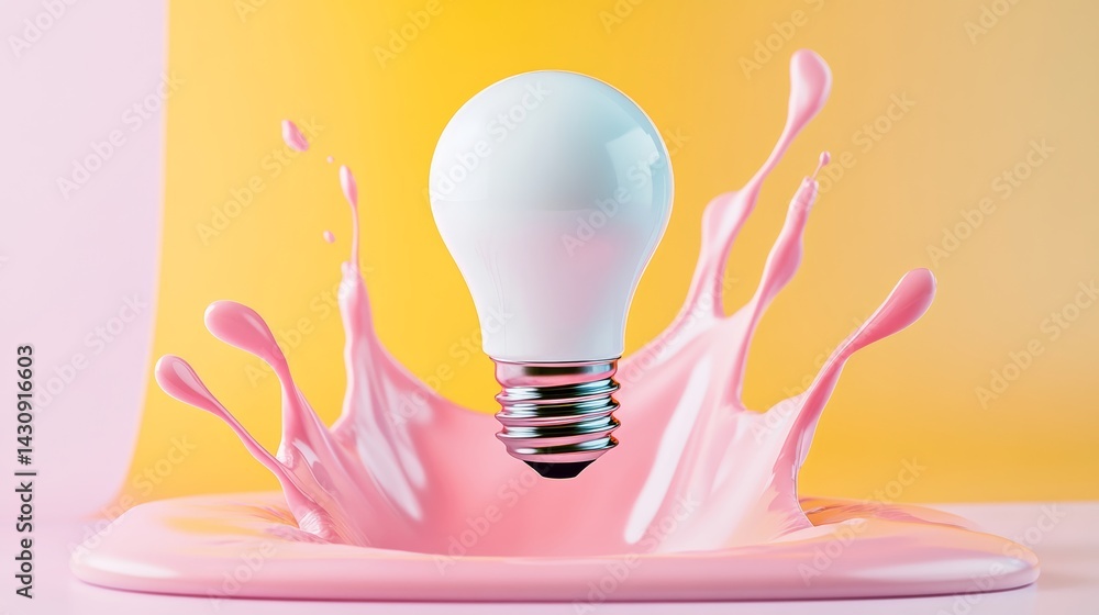 Poster light bulb is floating in a splash of pink paint. the splash is in the shape of a wave, and the ligh