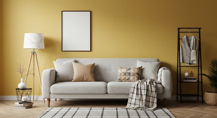 Modern Living Room Interior Design Mustard Yellow Walls, Cozy Sofa, and Stylish Decor
