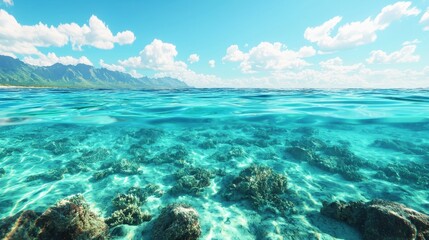 Obraz premium Clear Tropical Ocean Water Above Vibrant Coral Reefs with Bright Blue Sky and Mountains in the Background