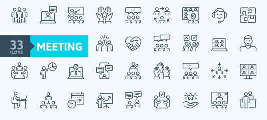 Outline icons set - seminars, lectures, presentations, webinar and online business meeting. Business people, teamwork. Thin line icon collection.