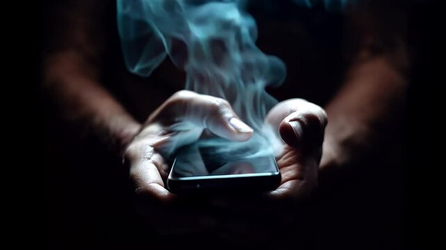 Hands scrolling on mobile smartphone with smoke from overheating malfunction